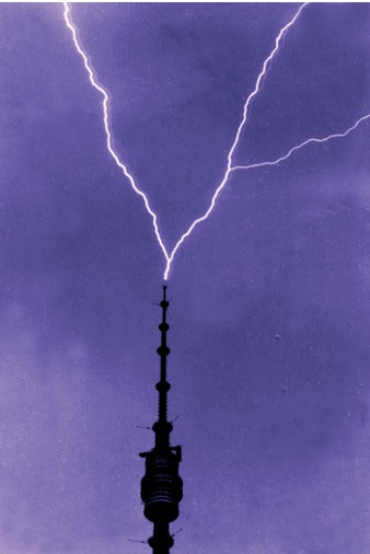 Upward lightning from the top of the Ostankino TV tower