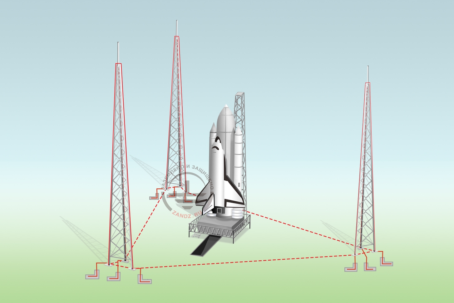 Rod lightning masts mounted on towers