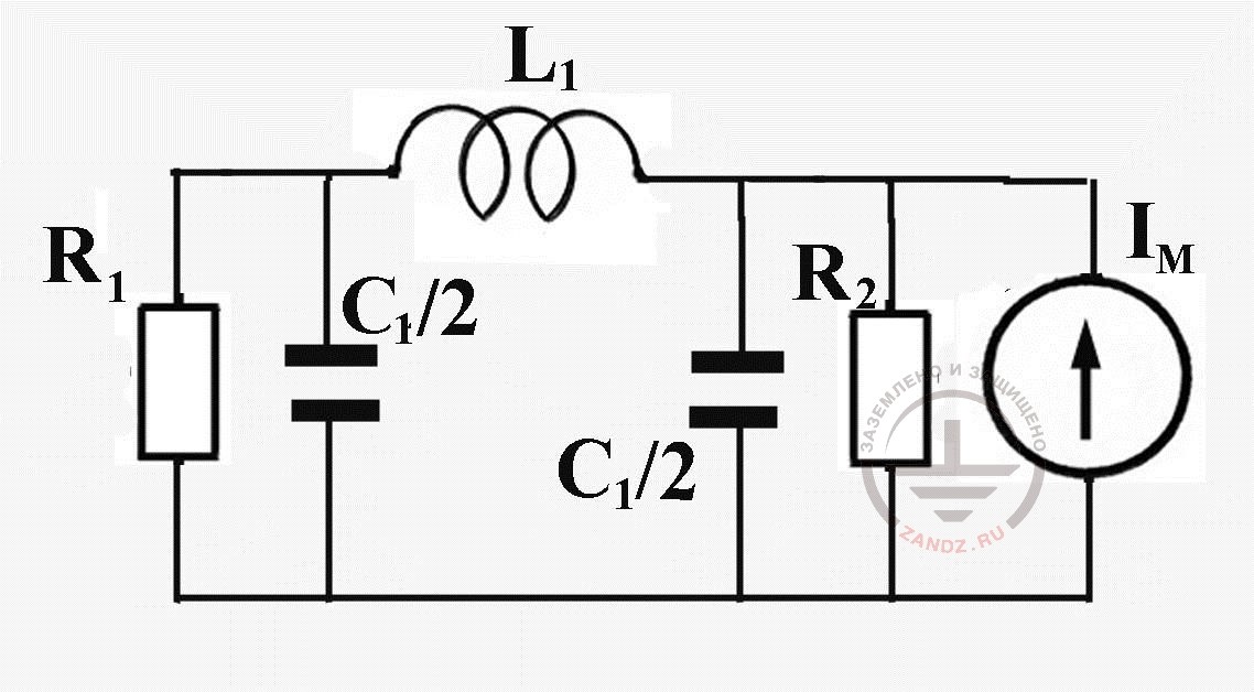 Схема замещения для расчета напряжения последнего узла схемы и тока в заземлителе ПС RP