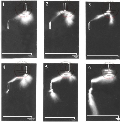 fig. 2. Orientation of a long spark on a metal electrode in a discharge gap