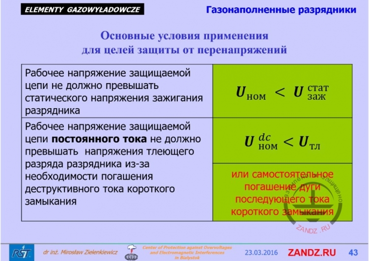 Основные условия применения для целей защиты от перенапряжения