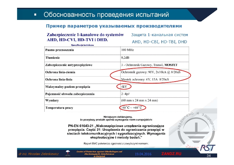 Пример параметров испытаний указываемых производителями