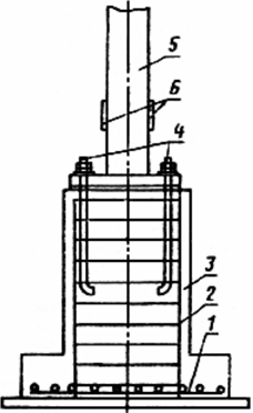1 - арматура подошвы; 2 - арматура фундамента; 3 - фундамент; 4 - фундаментные болты (не менее двух), соединенные с арматурой фундамента; 5 - стальная колонна; 6 - пластины для приварки проводников заземления