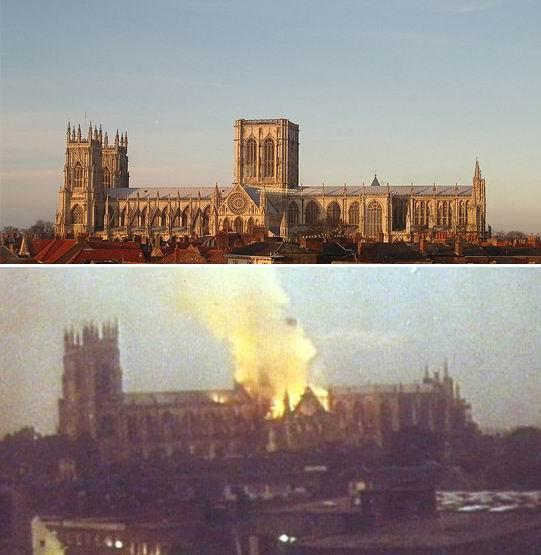 Fire in the York Cathedral in 1984. The cathedral after the reconstruction is shown on the top.