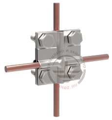 Cruciform clamp for the connection of two conductors