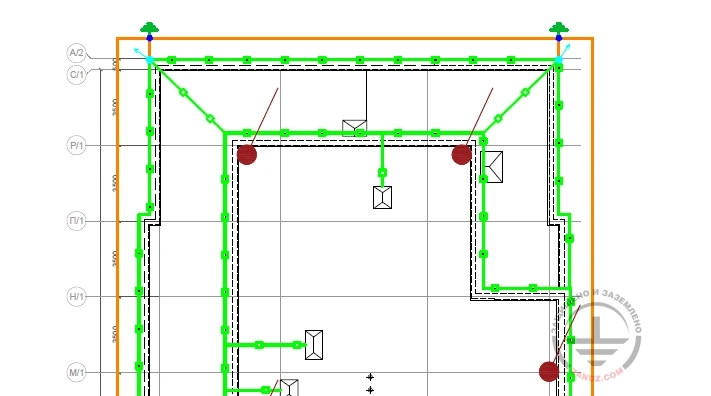 Фрагмент схемы расположения молниезащиты и заземления административного здания с многоярусной плоской кровлей