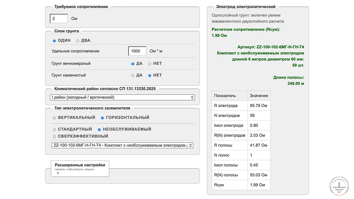 Калькулятор расчета электролитического заземления ZANDZ