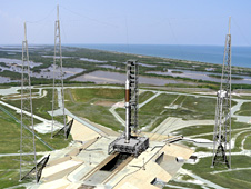 This sketch-concept depicts lightning system ready on Launch Pad No. 39 of Kennedy Space Center