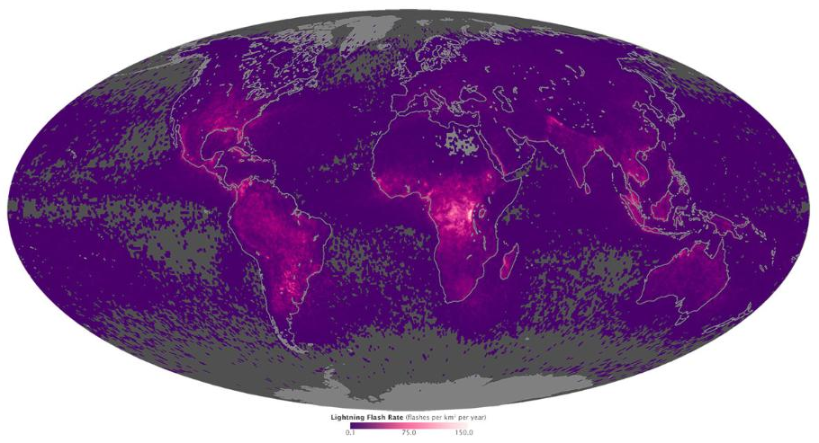 map shows lightning frequency