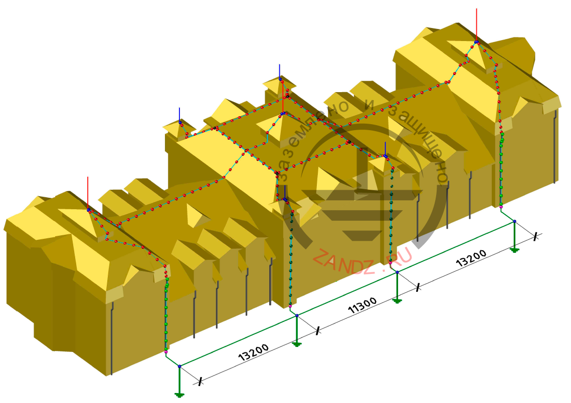 Эскиз с расположением элементов молниезащиты и заземляющего устройства
