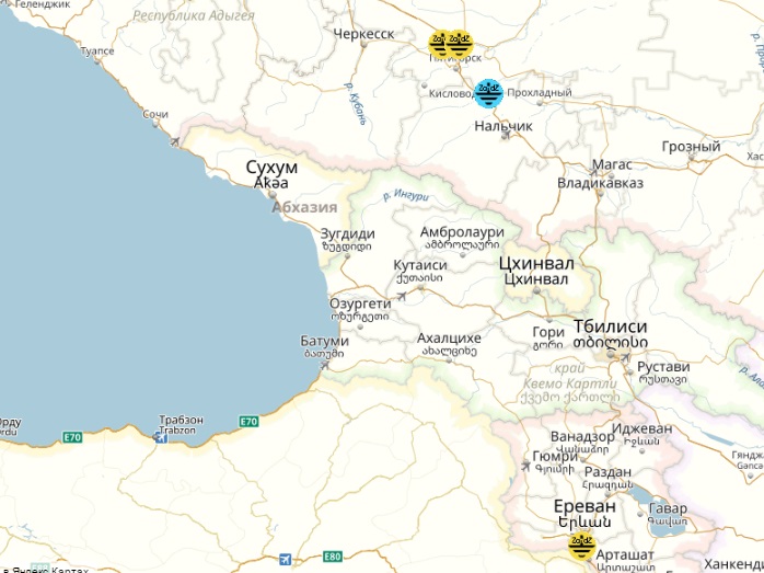 Часть географической карты с объектами, заземленными комплектами ZANDZ